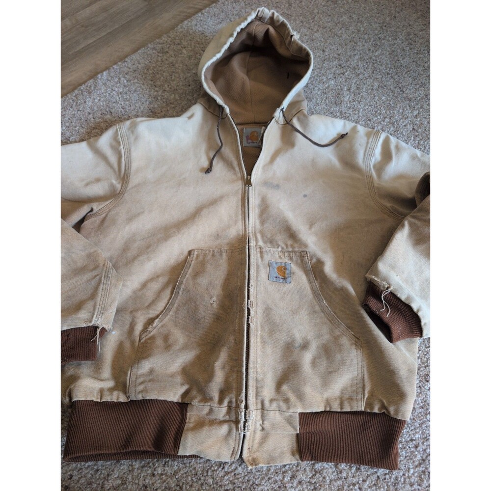 VTG 90s Mens L Carhartt JR106 Jacket Brown Duck Hooded Thermal Lined Distressed